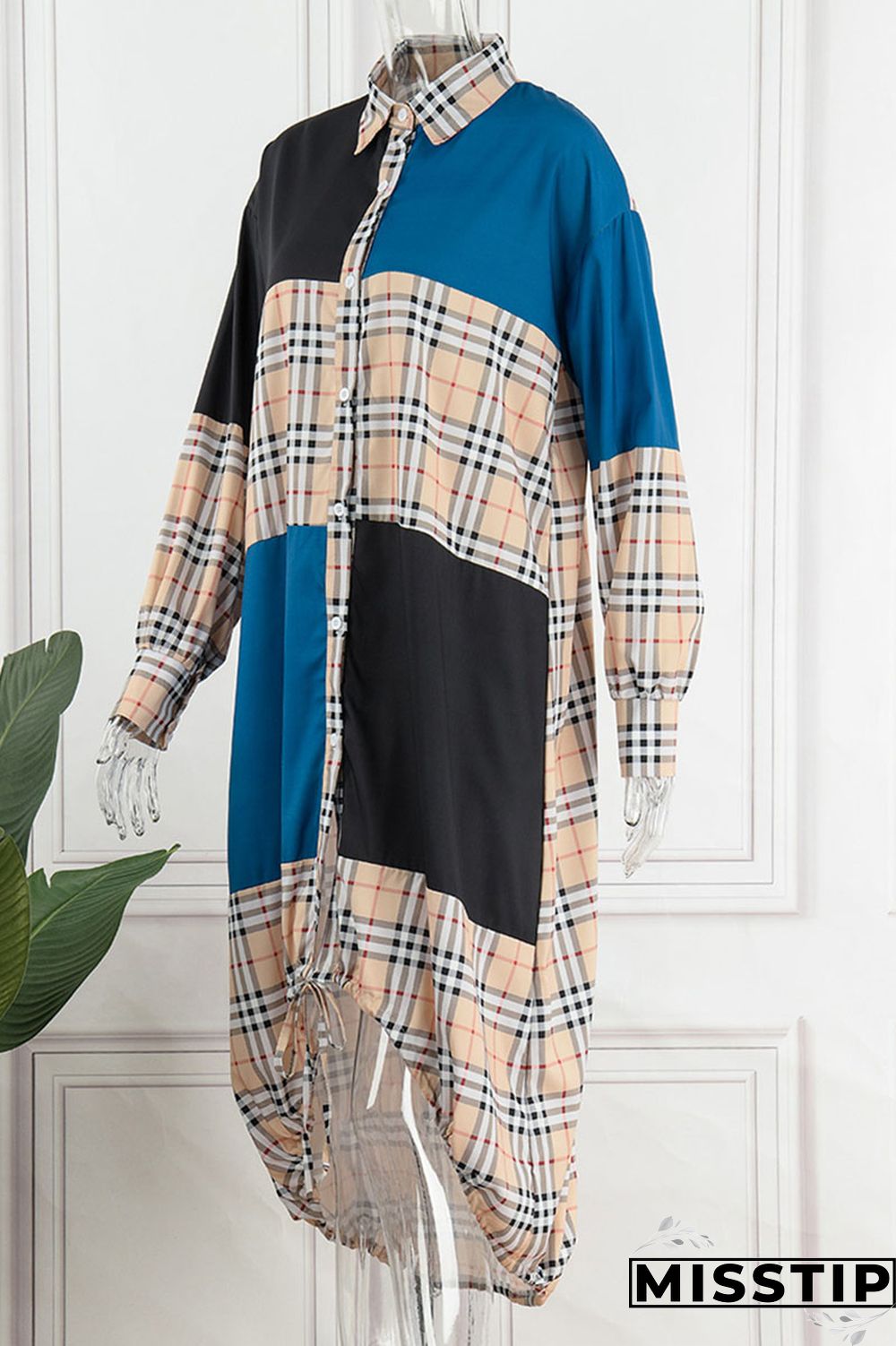 Brown Casual Print Patchwork Draw String Buckle Turndown Collar Shirt Dress Dresses