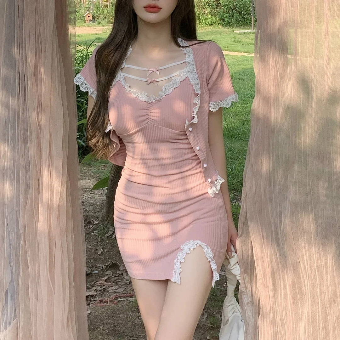 Lace Bow Sling Dress Women's Summer 2022 New Short Dress Pink Tight Bag Hip Dress with Cardigans 2 Pieces
