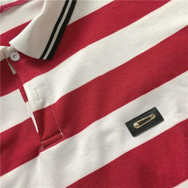 STRIPED POLO COLLAR SPLIT LONG SLEEVE T-SHIRT