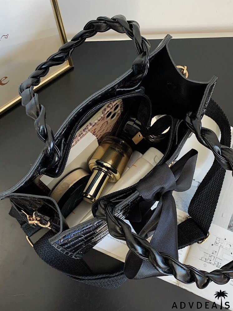 Bow Decor Croc Embossed Satchel Bag