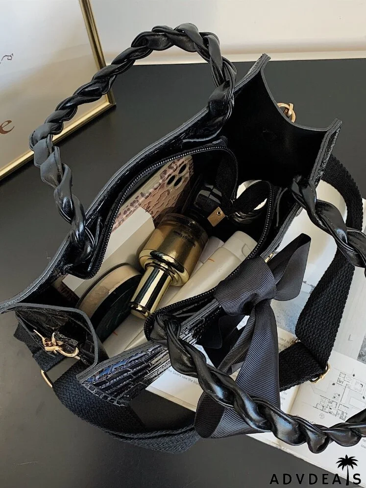 Bow Decor Croc Embossed Satchel Bag