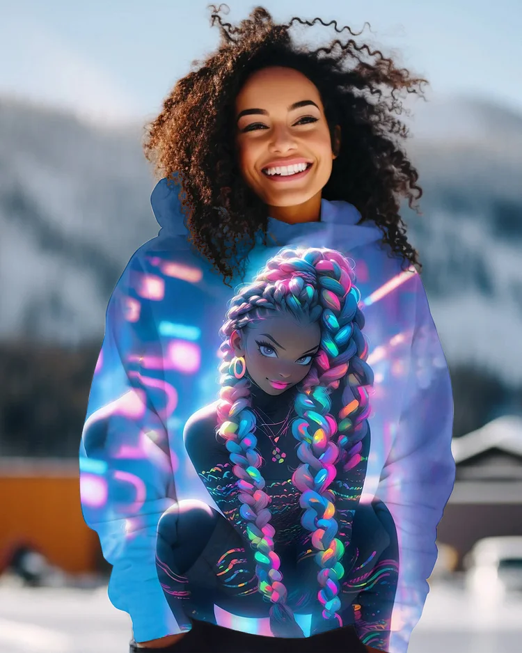 Purple Hair Cartoon Girl Long-sleeved Hoodie