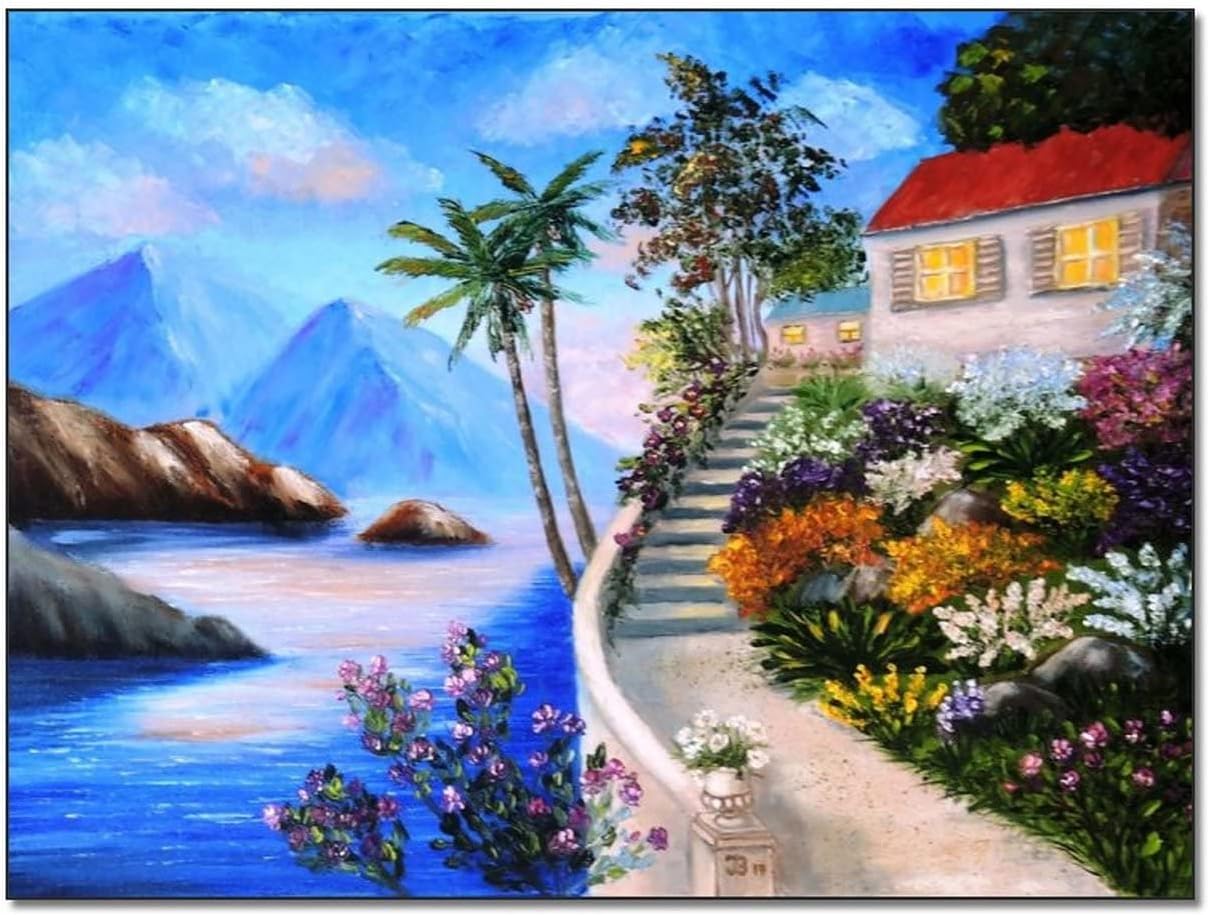 Posters Beach Picture Wall Art Mediterranean Oil Painting of A House Near The Sea Canvas Wall Art for Living Room Bedroom Office Kitchen Decor 8x10inch(20x26cm) Unframe-Style 8x10inch(20x26cm)