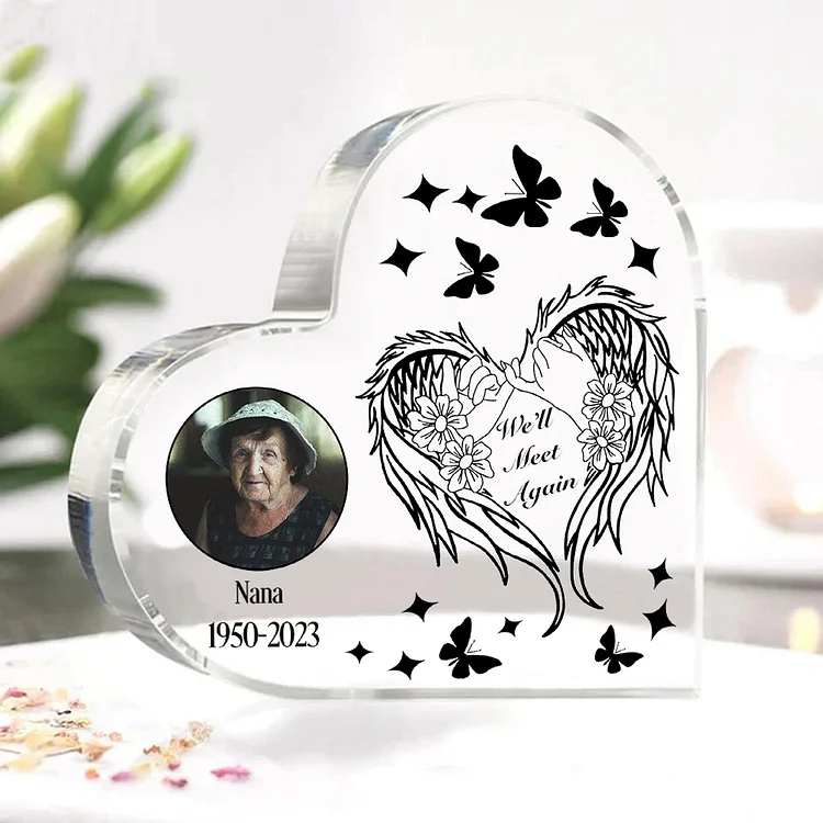 Personalized Angel Wings Memorial Gift-Custom Memorial Acrylic Heart Keepsake Desktop Ornament-We'll Meet Again