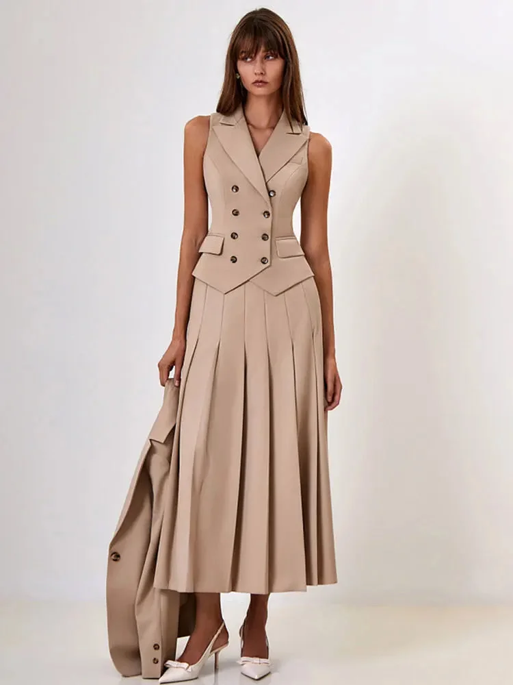 Toloer Buttoned Vest And Pleated Midi Skirt Two Piece Set-Outfit Ideas
