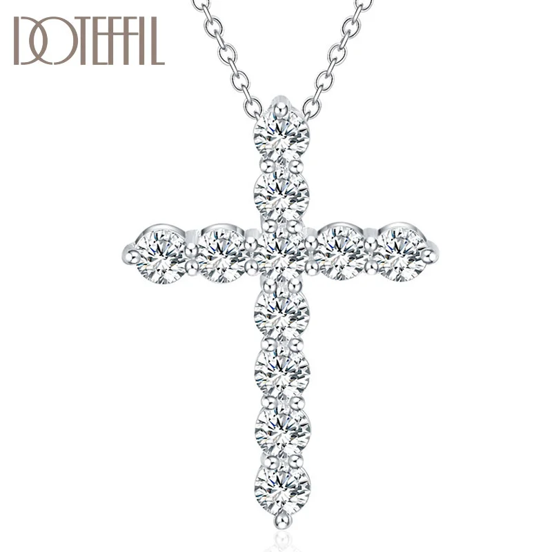 DOTEFFIL 925 Sterling Silver 18 Inches Large Zircon AAA Cross Pendant Necklace For Women Jewelry