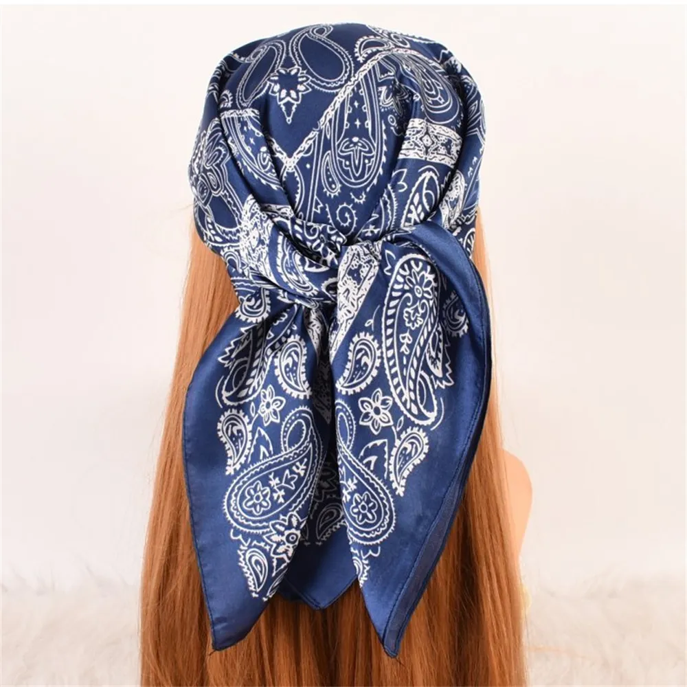 70cm*70cm Cashew Pattern Literary Satin Small Square Scarfs Navy-vocosishoes