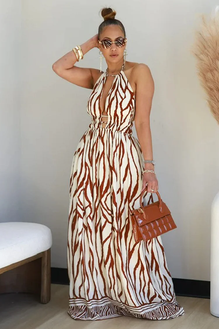 Deep V Halter Backless Boho Print Vacation Maxi Dresses-Brown