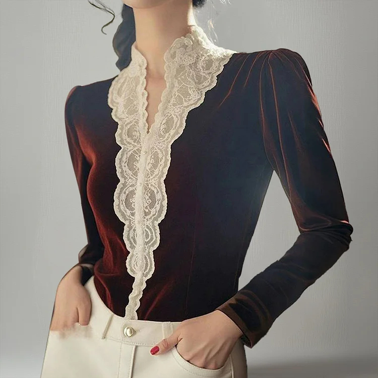 Elegant Velvet Lace Patchwork Stand Collar Button Long Sleeve Blouse