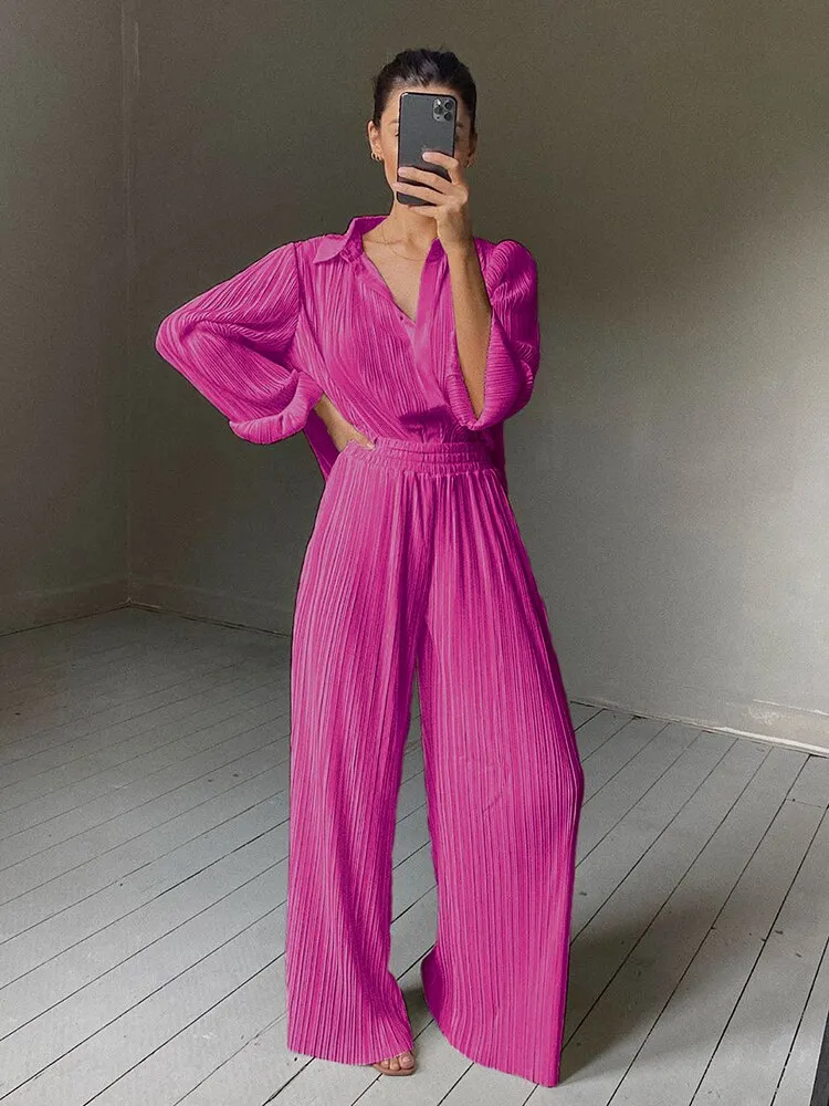 Joskka Womens Fashion Homewear Loose Long Sleeve Blouses And High Waist Wide Leg Pants