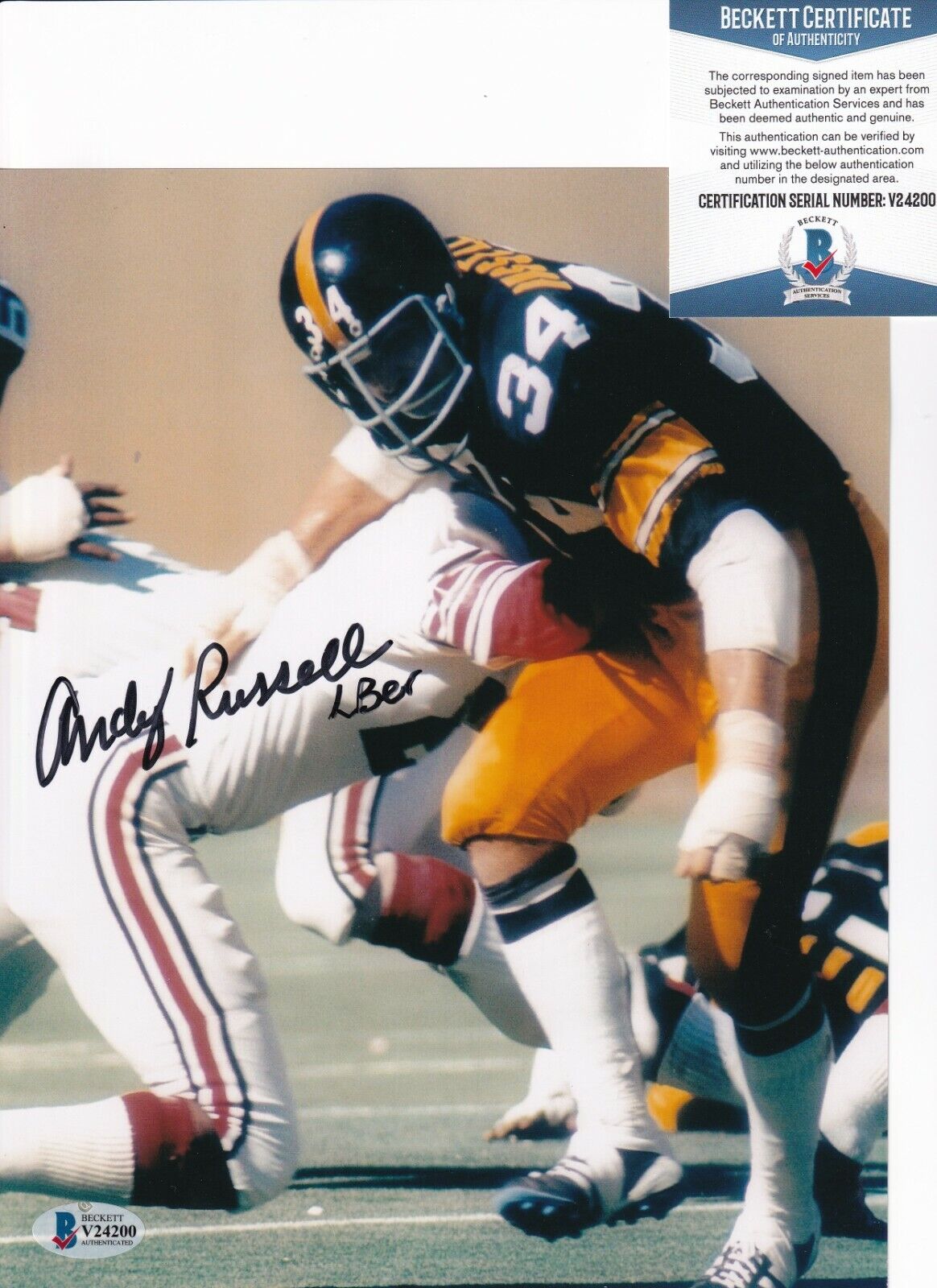 ANDY RUSSELL signed (PITTSBURGH STEELERS) Football 8X10 Photo Poster painting BECKETT V24200