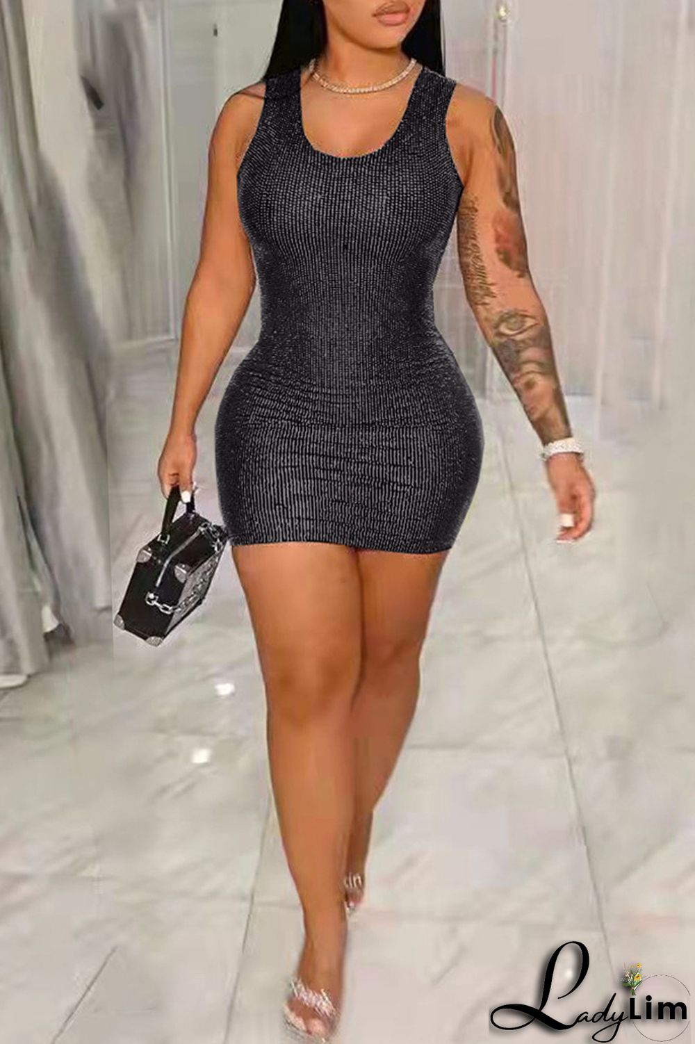 Blue Fashion Sexy Solid Sequins Patchwork O Neck Vest Dress