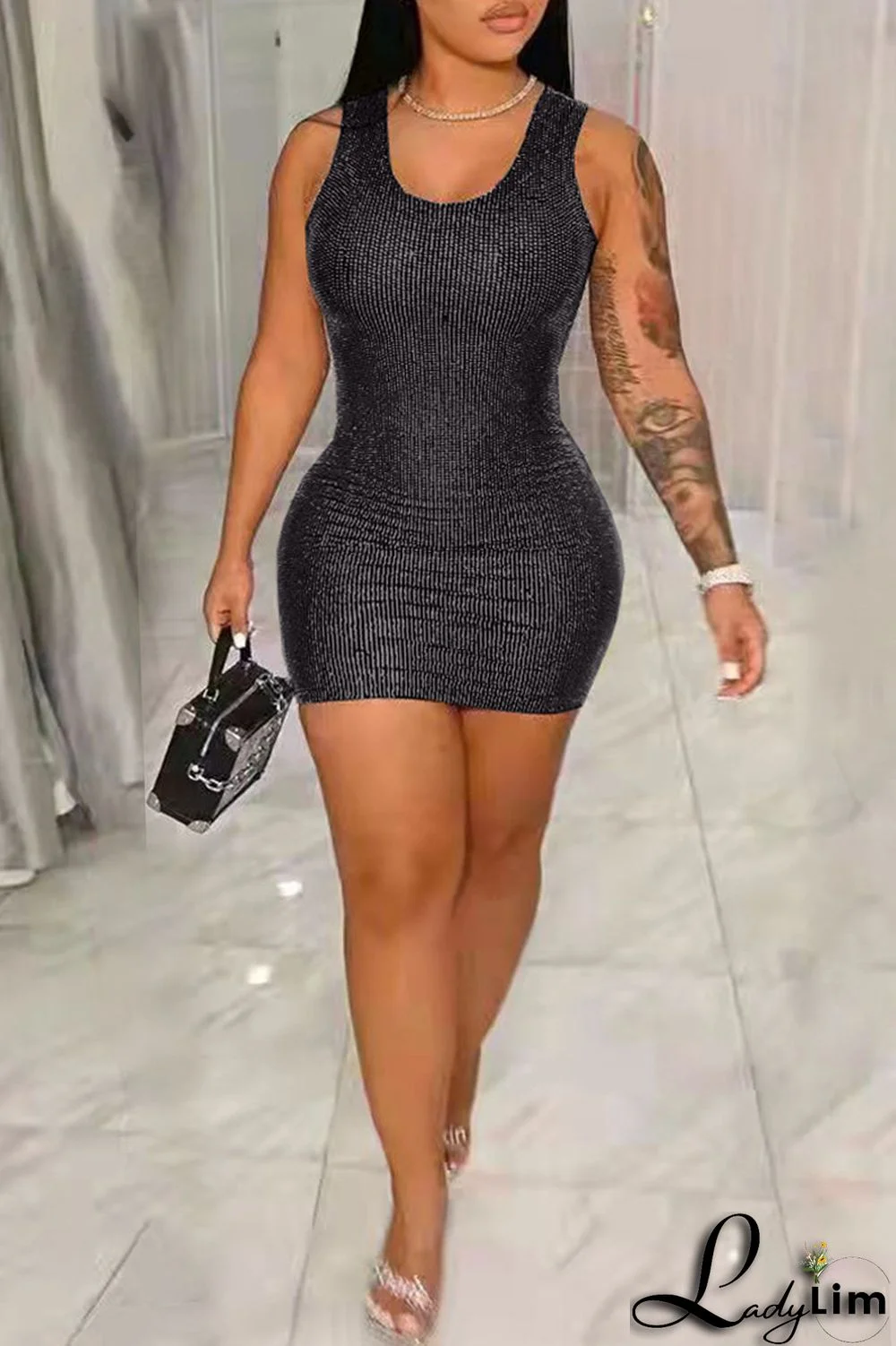 Blue Fashion Sexy Solid Sequins Patchwork O Neck Vest Dress