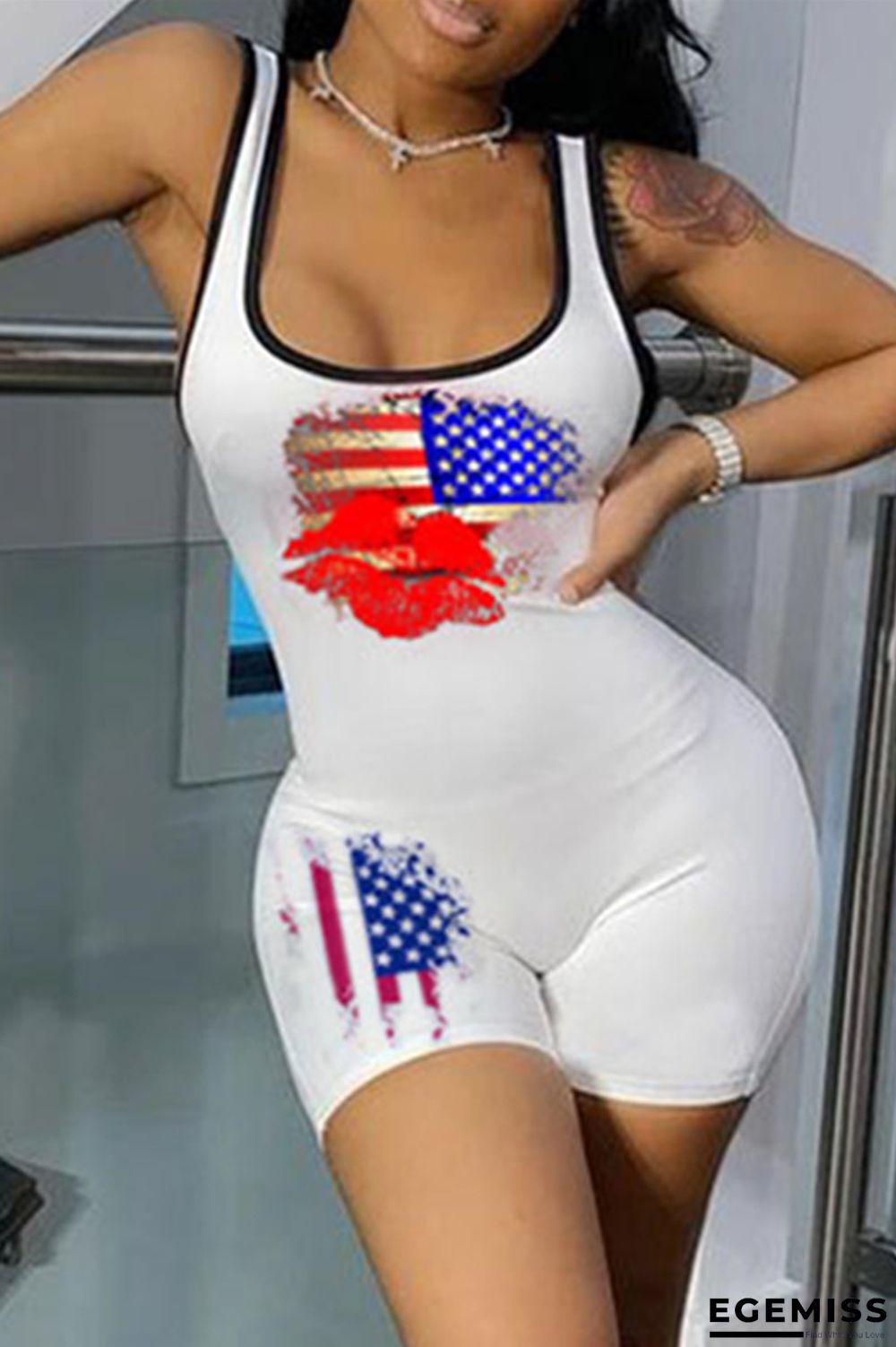 White Sexy Casual Print Basic U Neck Sleeveless Skinny Romper | EGEMISS