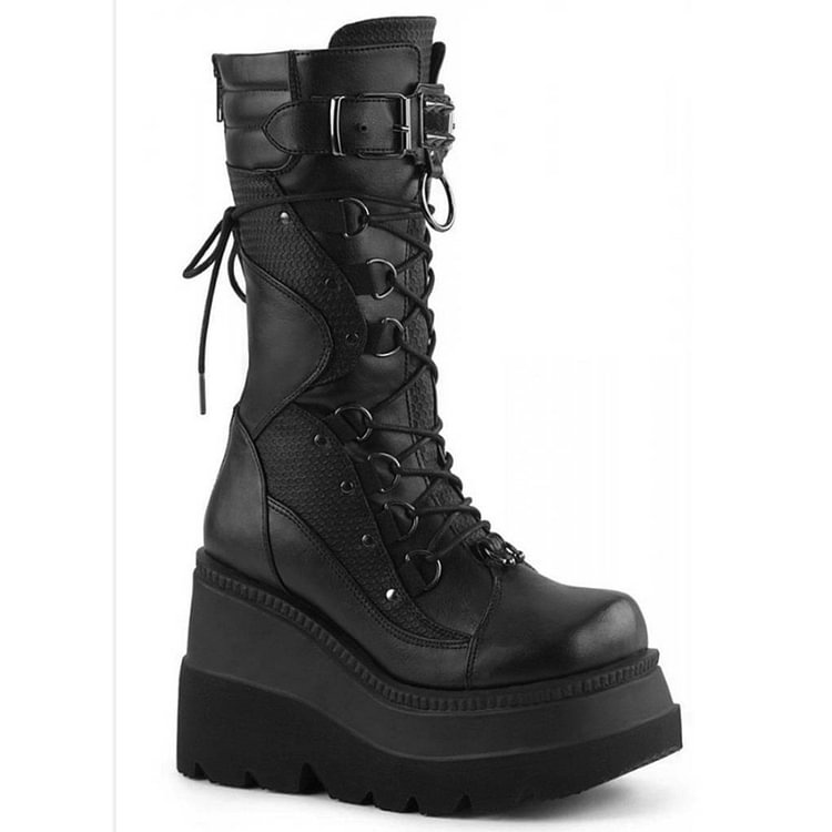 Punk Platform Lace Up Buckle Strap Zipper Knee High Boots