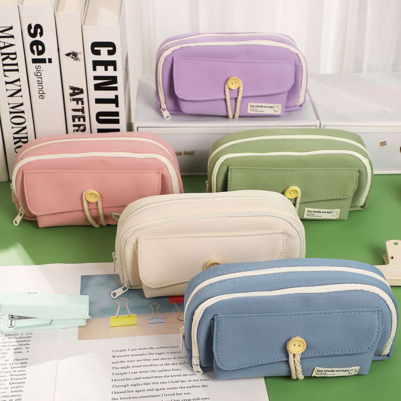 저널세이 1개 코튼 로프 버튼 대용량 연필 케이스 수납 캔버스 지퍼 연필 케이스