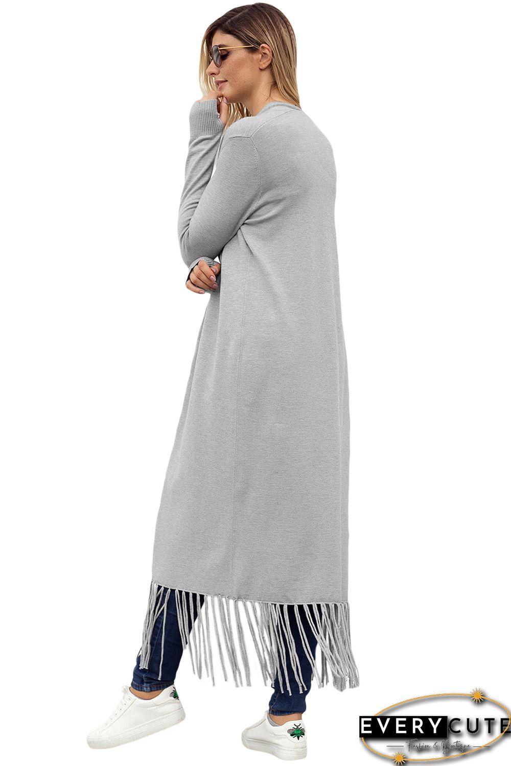 Grey Fringe Hemline Longline Knitted Cardigan