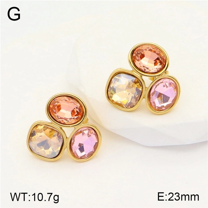 1 Pair Elegant Cute Shiny Geometric Round Inlay 304 Stainless Steel Rhinestones Glass Stone 18K Gold Plated Ear Studs