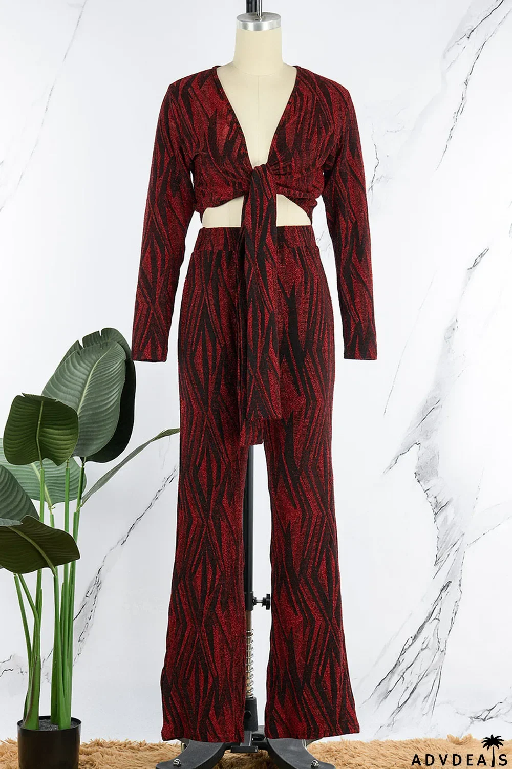 Black Sexy Print Bandage Patchwork V Neck Long Sleeve Two Pieces