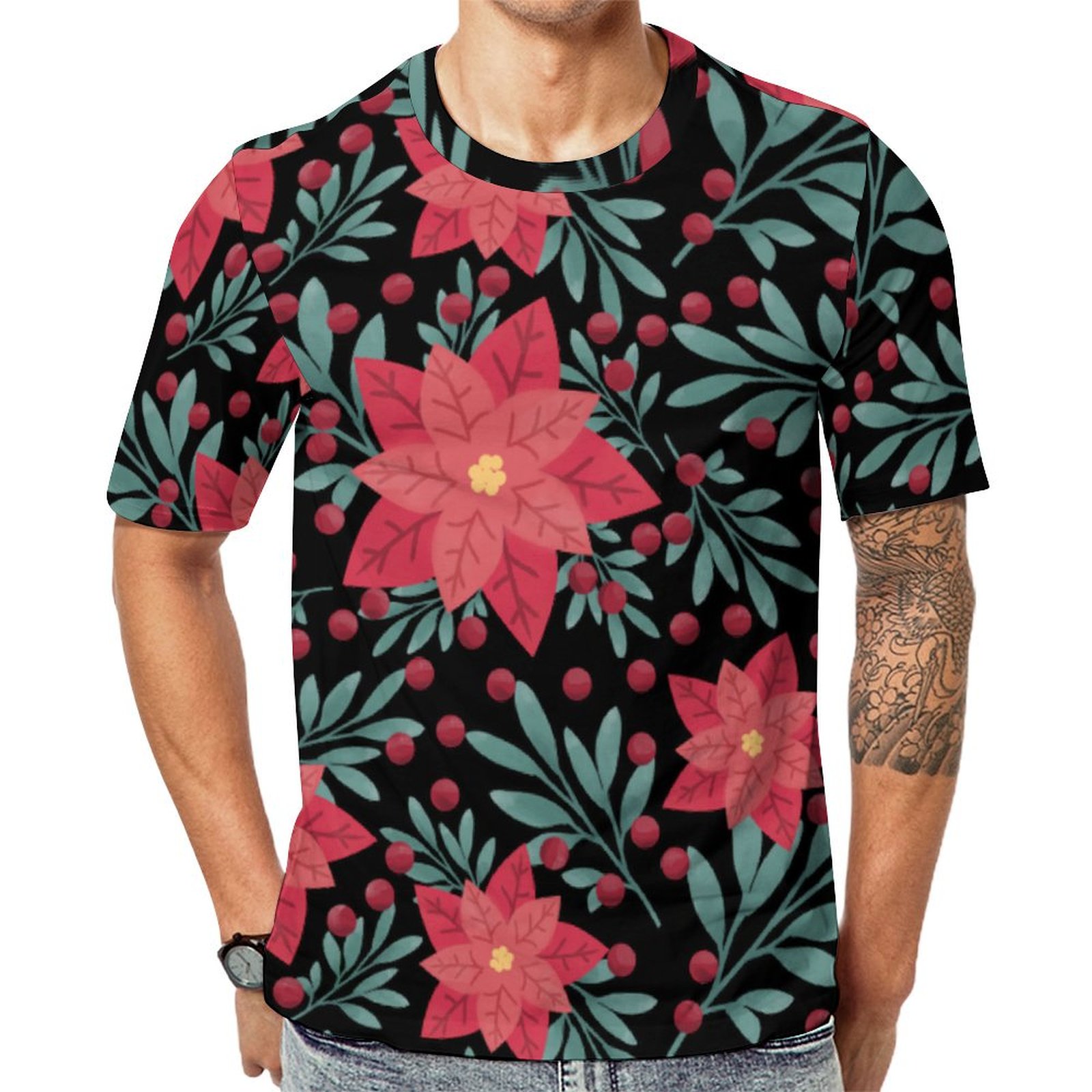 Poinsettia Christmas Holiday Red Short Sleeve Print Unisex Tshirt Summer Casual Tees for Men and Women Coolcoshirts