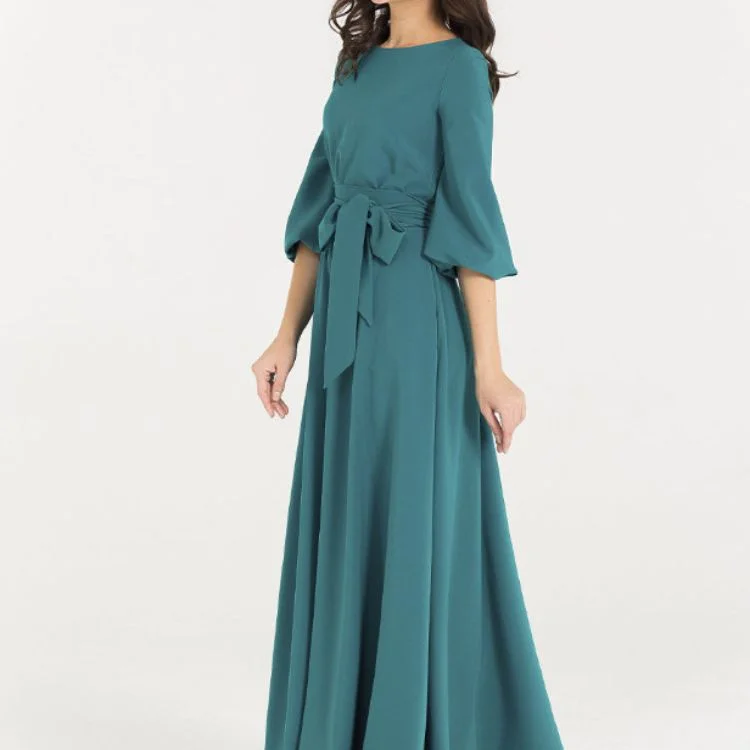 Floor Length Dress For Party Wedding Solid Color Sashes High Waist O Neck Pockets Women Dress White Maxi Long  2023