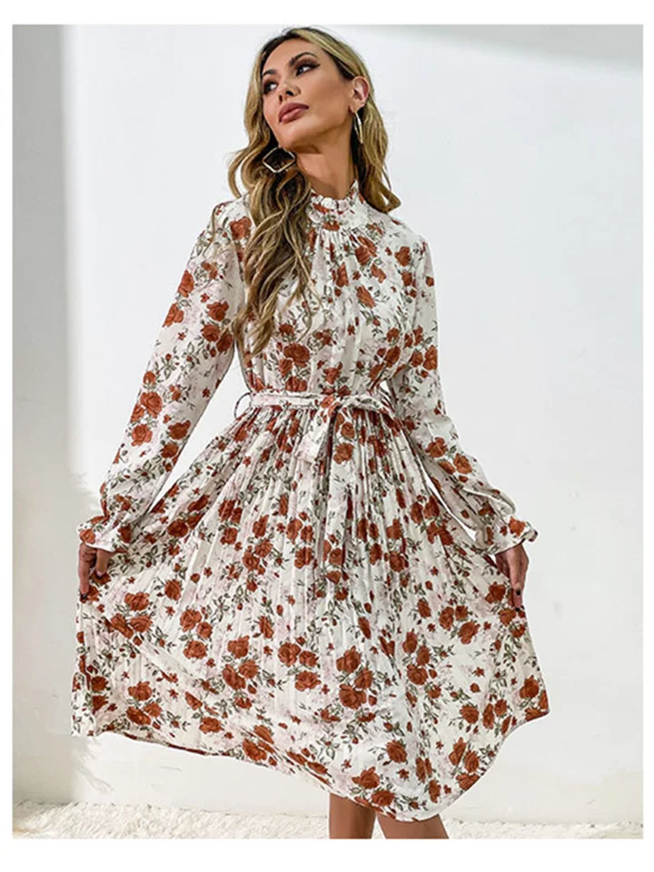 Fashion Printed Long-Sleeved Semi-Turtleneck Dress