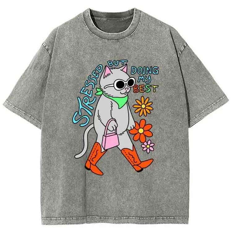 Stressed But Doing My Best Cat Unisex Printed Retro Washed Short Sleeved T-Shirt