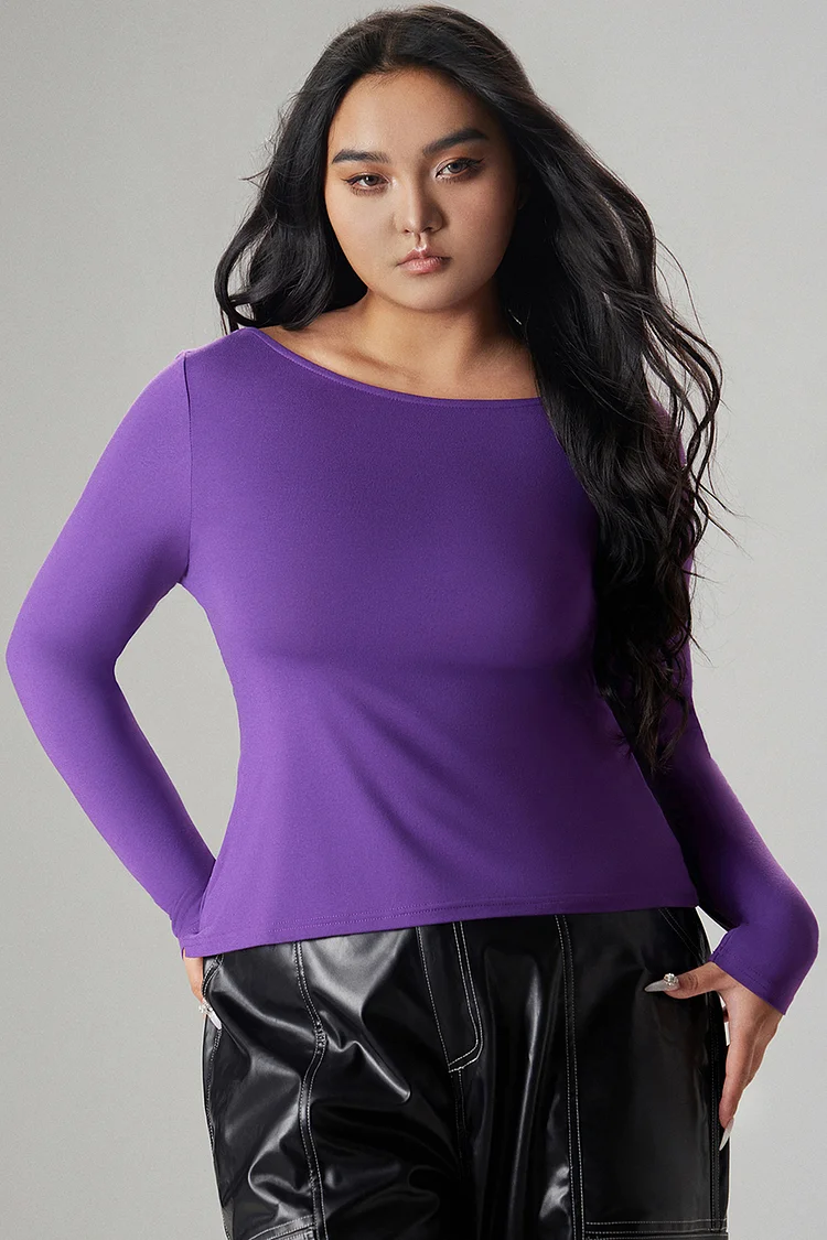 Xpluswear Design Plus Size Casual Blouse Purple Knitted Basic Backless Long Sleeve Blouse [Pre-Order]