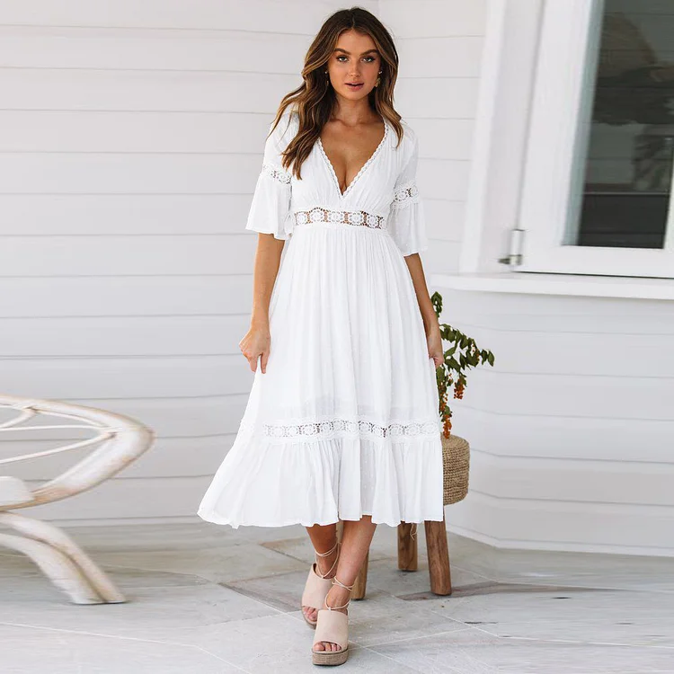 Fashion Bohemian Hollow V Neck Loose Casual Elegant Midi Dress