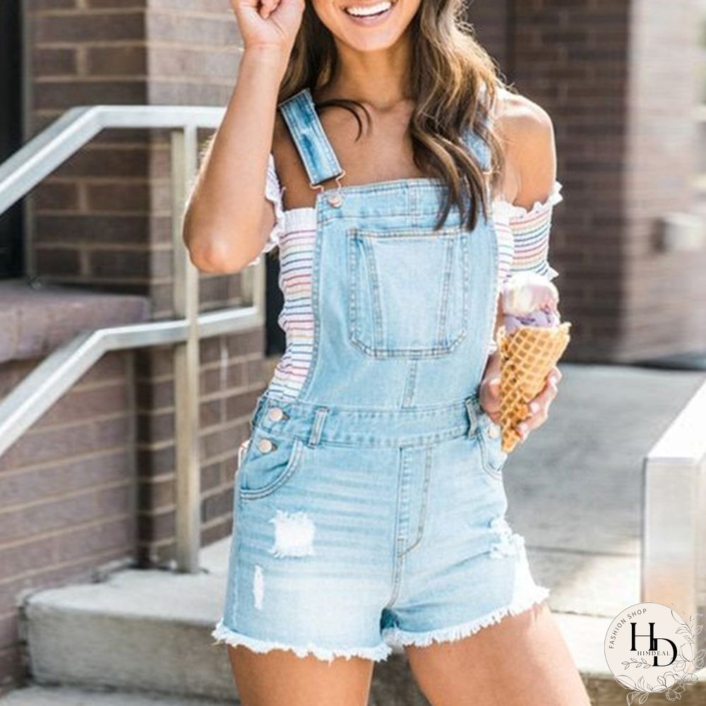 Womens Fashion Denim Jumpsuit Summer Solid Color Ripped Jeans Romper Shorts Female Raw