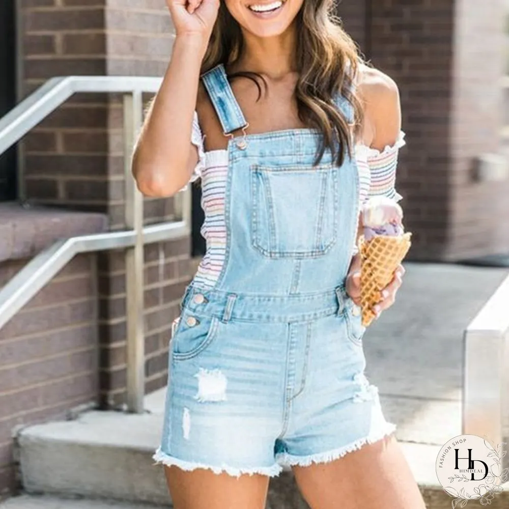 Womens Fashion Denim Jumpsuit Summer Solid Color Ripped Jeans Romper Shorts Female Raw