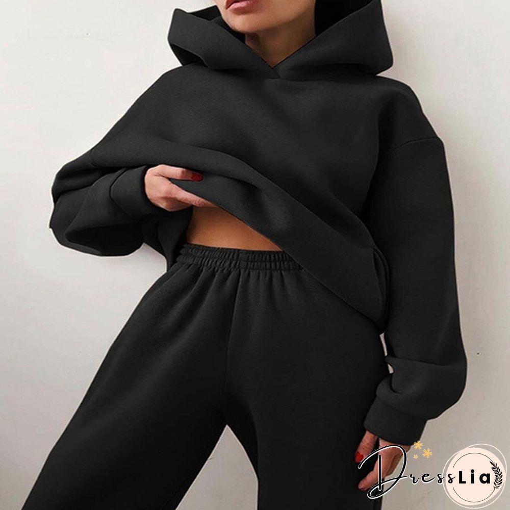Women Hoodies Two Piece Set Long Sleeve Solid Casual Pocket Sweater Suit Spring Elastic Sport Pants Female Tracksuit