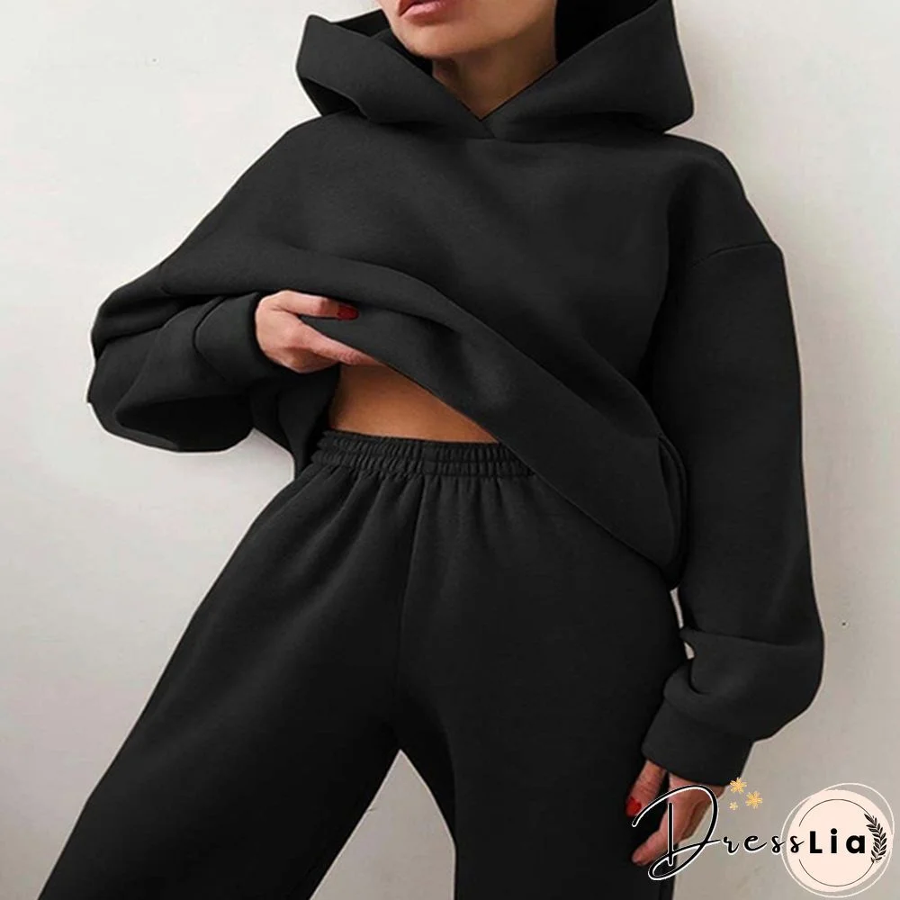 Women Hoodies Two Piece Set Long Sleeve Solid Casual Pocket Sweater Suit Spring Elastic Sport Pants Female Tracksuit