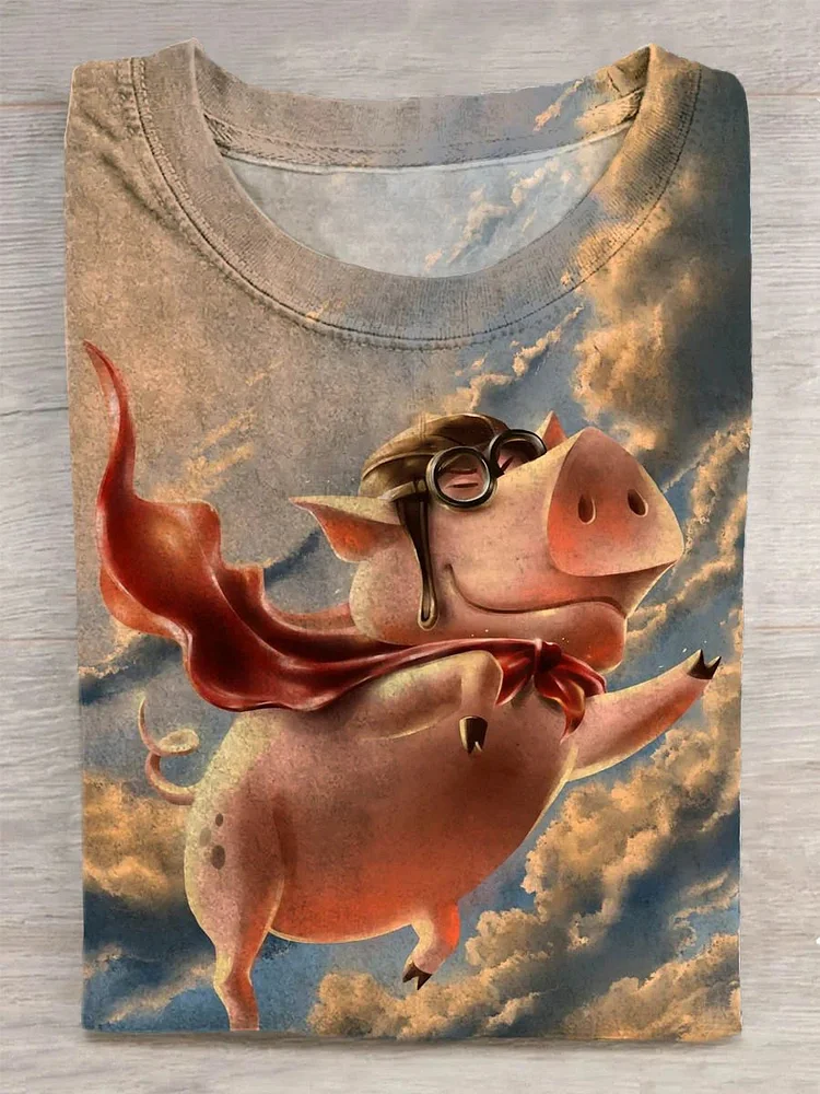 Funny Cute Pig Art Print Casual T-shirt