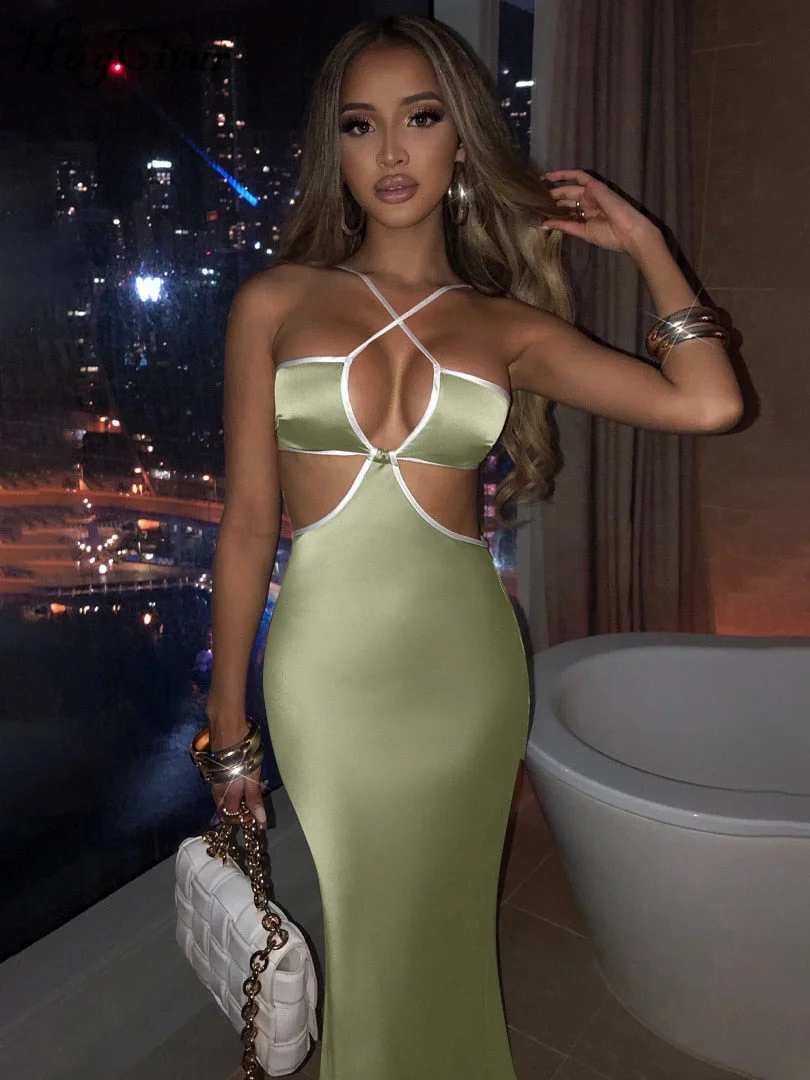 Hugcitar Halter Backless Sleeveless Hollow Out Revealing Maxi Dress 2022 Spring Bodycon Sexy Streetwear Party Club Outfits Y2K