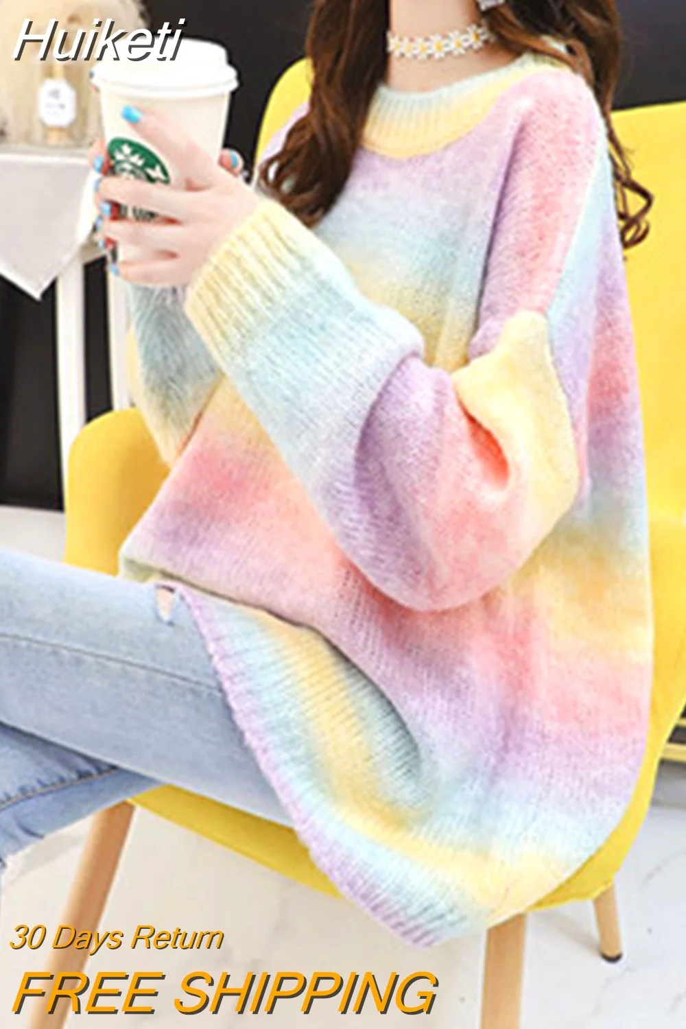 Huiketi Women Sweater Pullover Rainbow Girls Japanese Knitted Jumper Loose Oversize Spring And Autumn Long Sleeve Pink Blue Top 2023