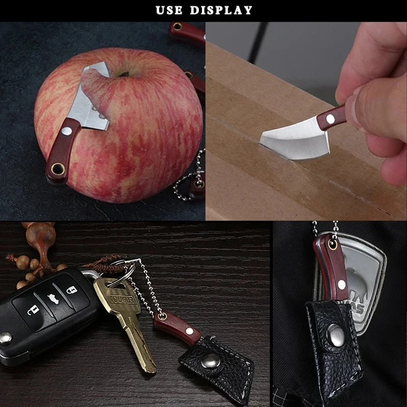 Portable Keychain Pocket Knife Stainless Steel Camping Small Mini Knife Peeler EDC Fixed Blade Wood Handle Small Kitchen Multi K