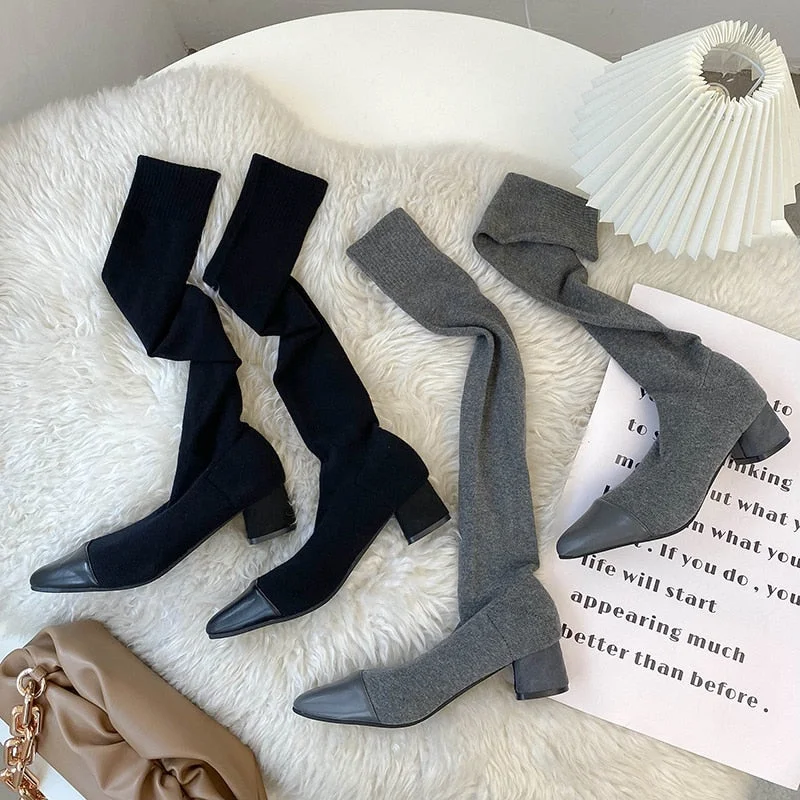 Women Sock Boots Over The Knee Pointed Toe Elastic Fabric Boots Woman Slip On Thick High Heels Stretch Boots Woman Black Brown