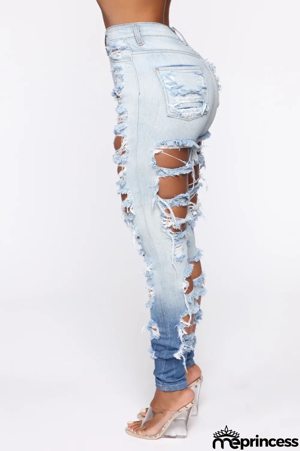 Summer High Waist Tight Ripped Blue Disdressed Jeans