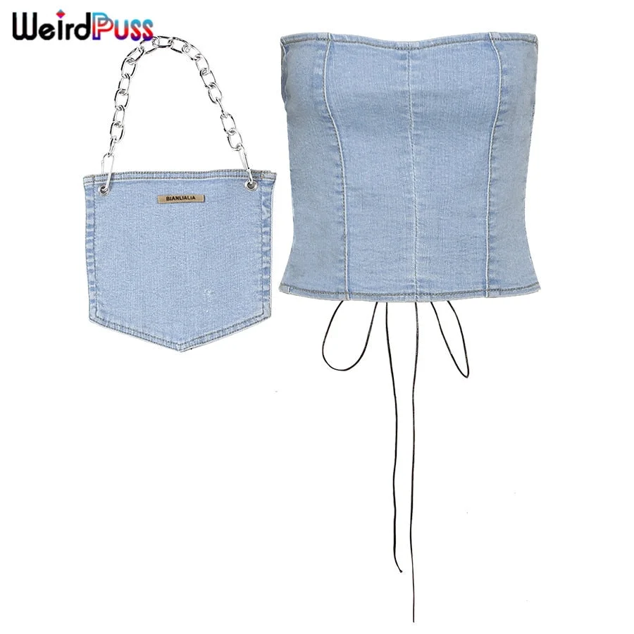 Weird Puss Women Drawstring Lace Up Strappy Denim Tube Top Corset + Bag Matching Strapless Slim Clubwear Fashion Slim Streetwear