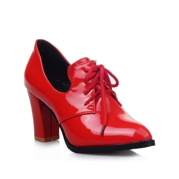 Chaussures à talons épais rouges avec lacets et bout rond Flusfy