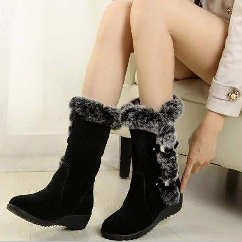 Yyvonne And Winter New Fur Snow Boots With Round Head Belt Buckle Warm Thick Mid-Slope And Cotton Boots Woman
