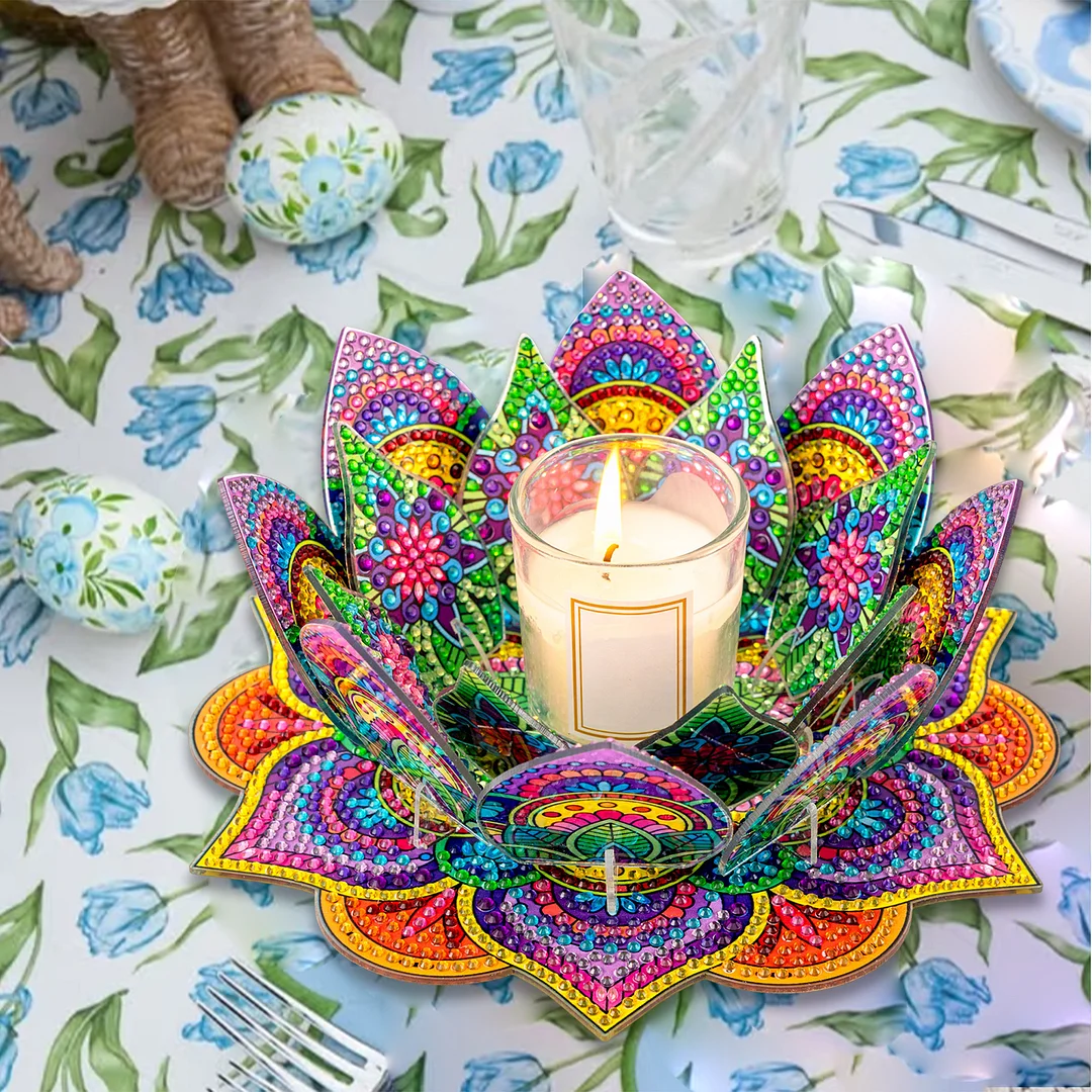 5D DIY Diamond Art Painting DIY Acrylic Desktop Ornament Flower Candle Holders Tealight Handmade Home Office Decor for Adults Beginners ( Purple and Yellow Lotus)