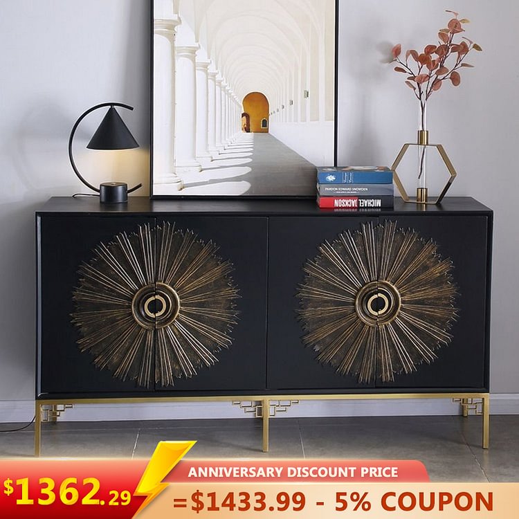 Homemys 63" Modern Black Sideboard Buffet Embossed Surface with 4 Doors and 6 Adjustable Shelves in Gold