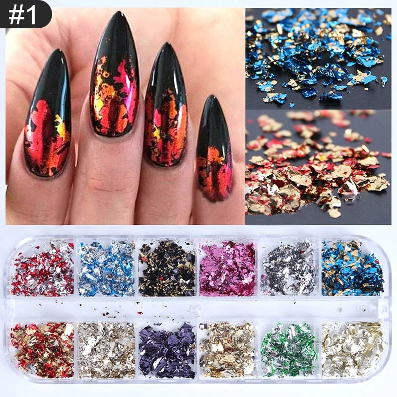 12 Grids Sparkly Foil Nails Sequins Irregular Aluminum Gold Red Summer Design Set  Mirror Chrome Glitter Flakes Gel DIY Manicure