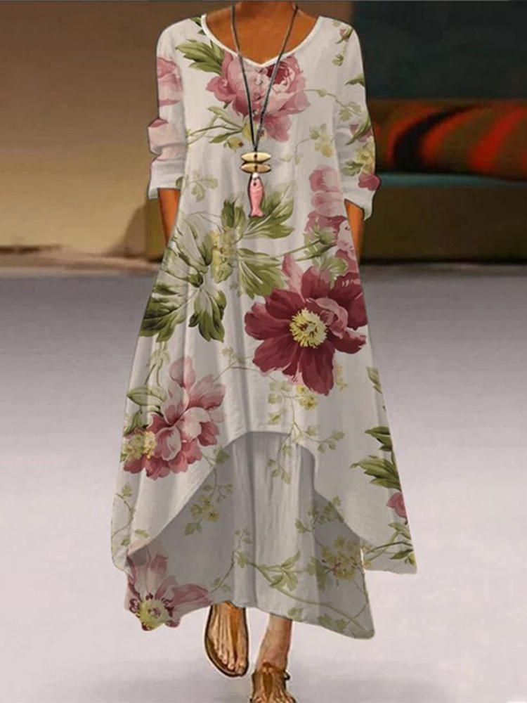 Comstylish Vintage Floral Print Double Layer Casual Maxi Dress
