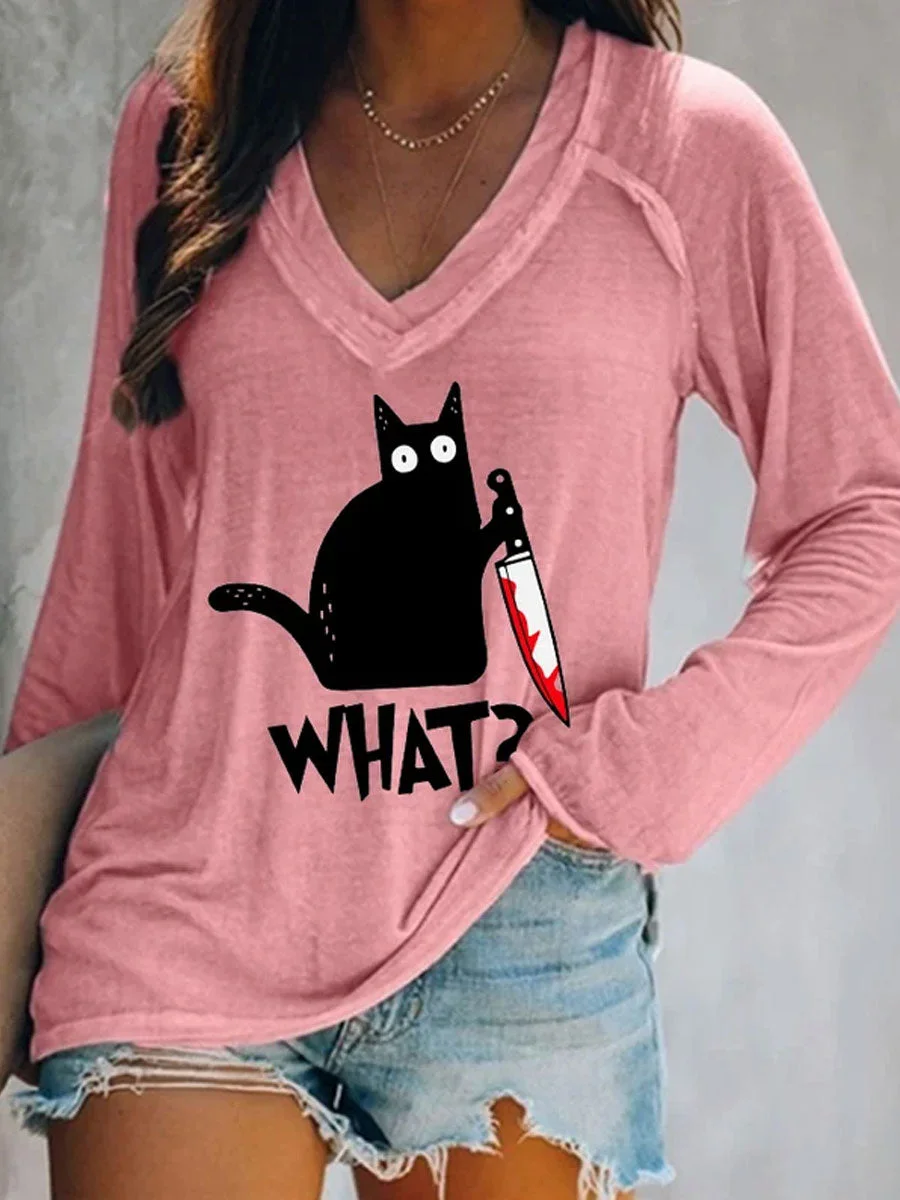 Halloween Fun Black Cat Print Double Layer V-Neck Long Sleeve T-Shirt