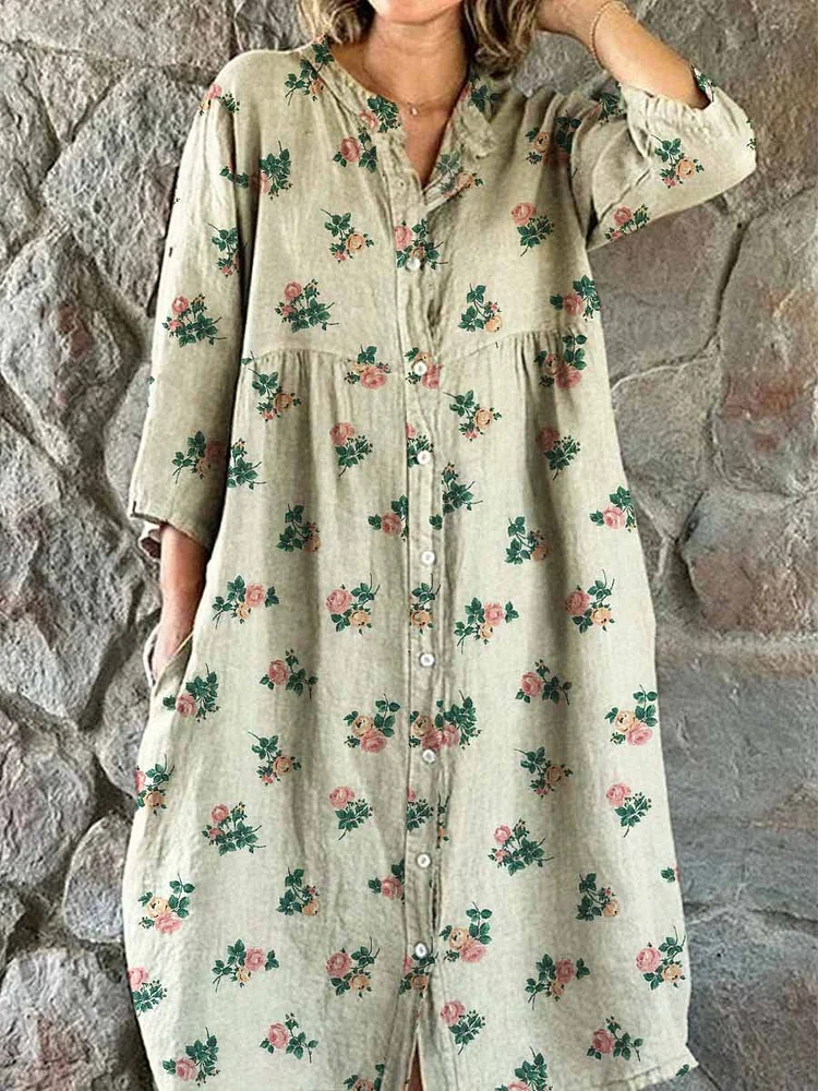 Women's Elegant Simple  Rose Floral Pattern Shirt Cotton and Linen Dress with Pockets
