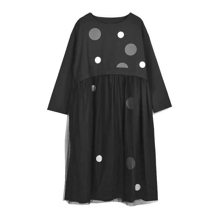 Casual Loose Solid Color O-neck Dot Printed Splicing Mesh Yarn Long Sleeve Dress      