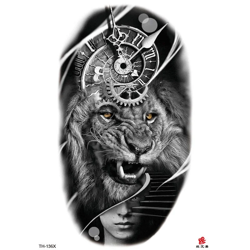 Waterproof Temporary Tattoo Sticker Lion King Clock Tiger Pattern Fake Tatto Black Body Art for Women Men Tattoo Sticker